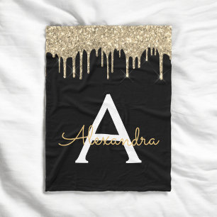 Gold Black Luxe Glitzer Glam Monogram Name Fleecedecke