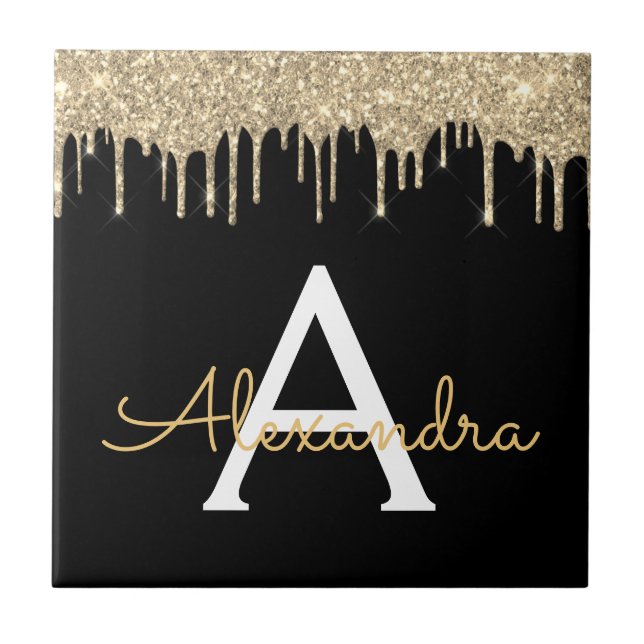Gold Black Luxe Glitzer Glam Monogram Name Fliese (Vorderseite)