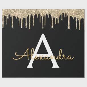 Gold Black Luxe Glitzer Glam Monogram Name Geschenkpapier