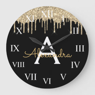 Gold Black Luxe Glitzer Glam Monogram Name Große Wanduhr
