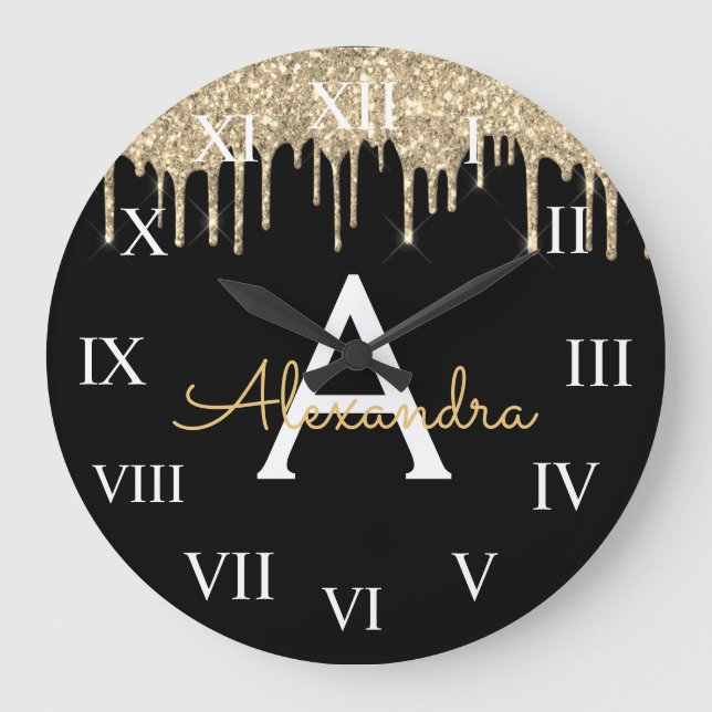 Gold Black Luxe Glitzer Glam Monogram Name Große Wanduhr (Vorderseite)