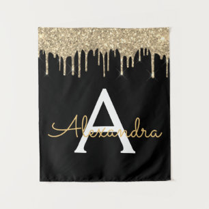 Gold Black Luxury Glitzer Glam Monogram Name Wandteppich