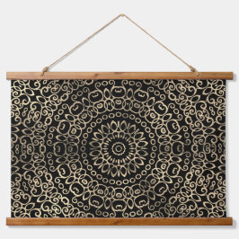 Gold Black Mandala Chic Trippy Psychedelic Hippie Wandteppich Mit Holzrahmen