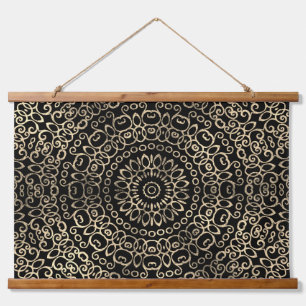 Gold Black Mandala Chic Trippy Psychedelic Hippie Wandteppich Mit Holzrahmen