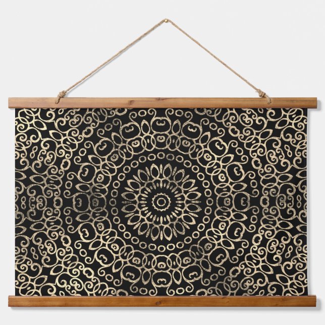 Gold Black Mandala Chic Trippy Psychedelic Hippie Wandteppich Mit Holzrahmen (Vorne)