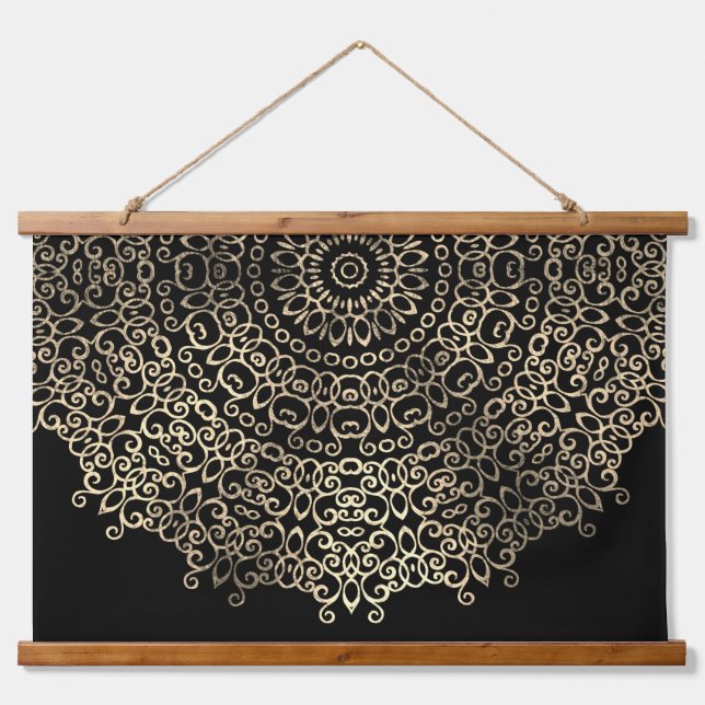 Gold Black Mandala Chic Trippy Psychedelic Hippie Wandteppich Mit Holzrahmen (Vorne)