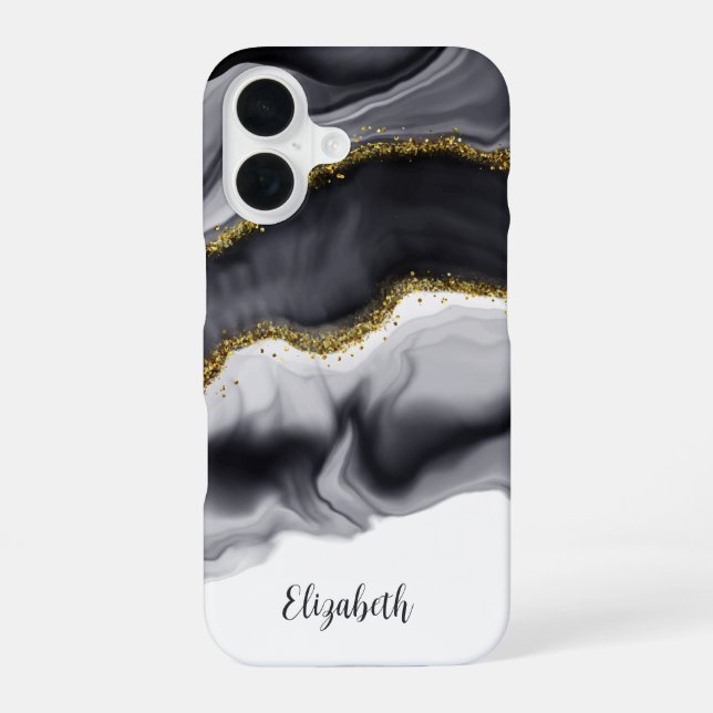 Gold Black Marble Personalize iPhone 16 Hülle (Rückseite)