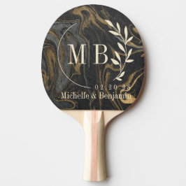 Gold Black Marble Swirl Leaf Wedding Monogram Tischtennis Schläger