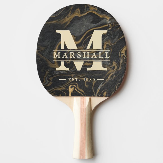 Gold Black Marble Swirl Monogram & Name Overlay Tischtennis Schläger (Vorderseite)