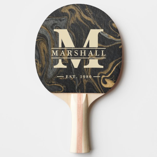 Gold Black Marble Swirl Monogram & Name Overlay Tischtennis Schläger (Vorderseite)