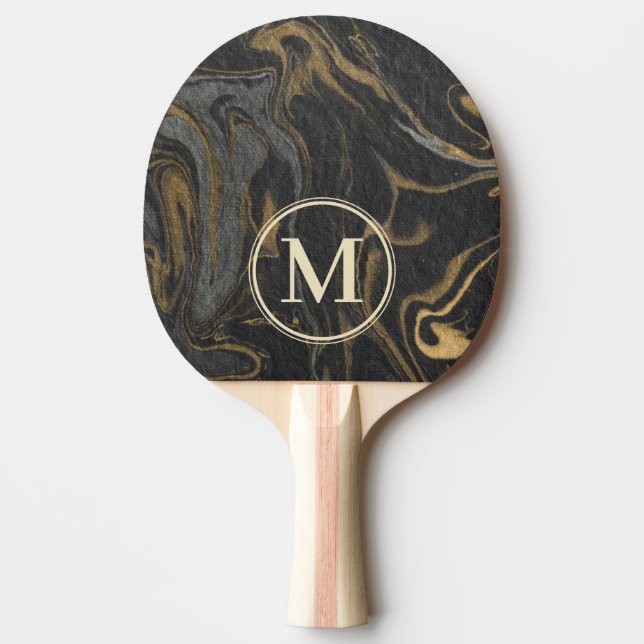 Gold Black Marble Swirl Stone Monogram Tischtennis Schläger (Vorderseite)