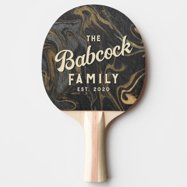 Gold Black Marble Swirl Stone Retro Family Name Tischtennis Schläger (Vorderseite)