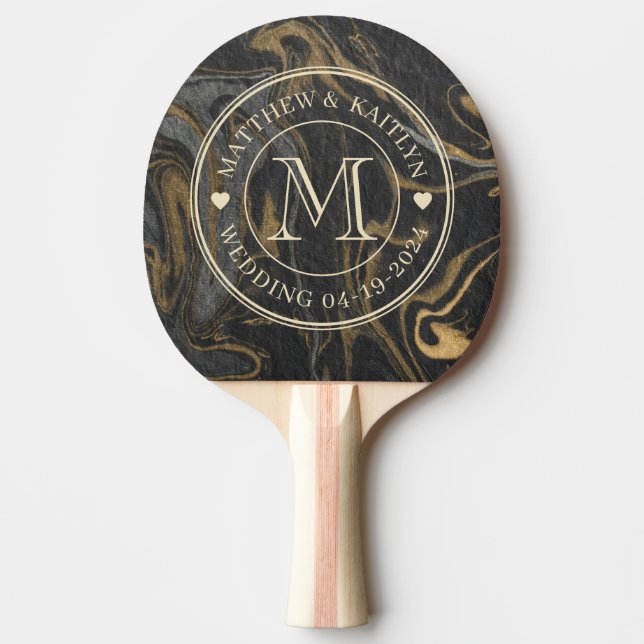 Gold Black Marble Swirl Wedding Monogram Heart Tischtennis Schläger (Vorderseite)