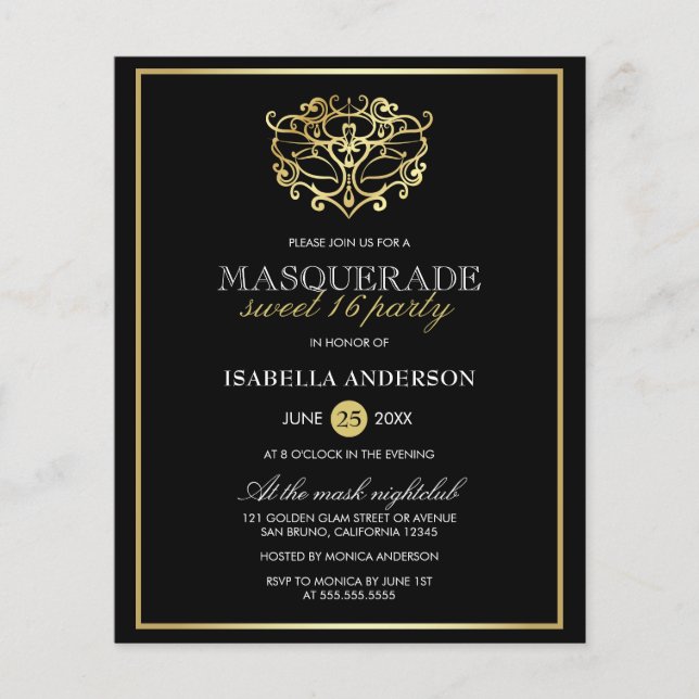 Gold & Black Masquerade Sweet 16 Party (Vorderseite)