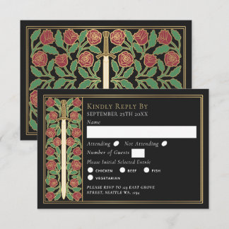 Gold Black Medieval Floral Sword Wedding RSVP Karte