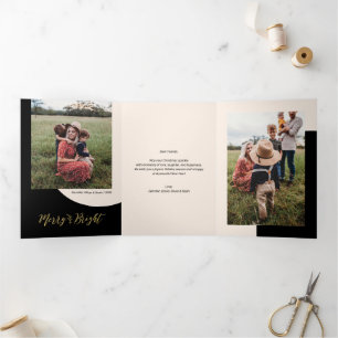 Gold & Black Merry & Bright Christmas Photo Dreifach Gefaltete Urlaubskarte