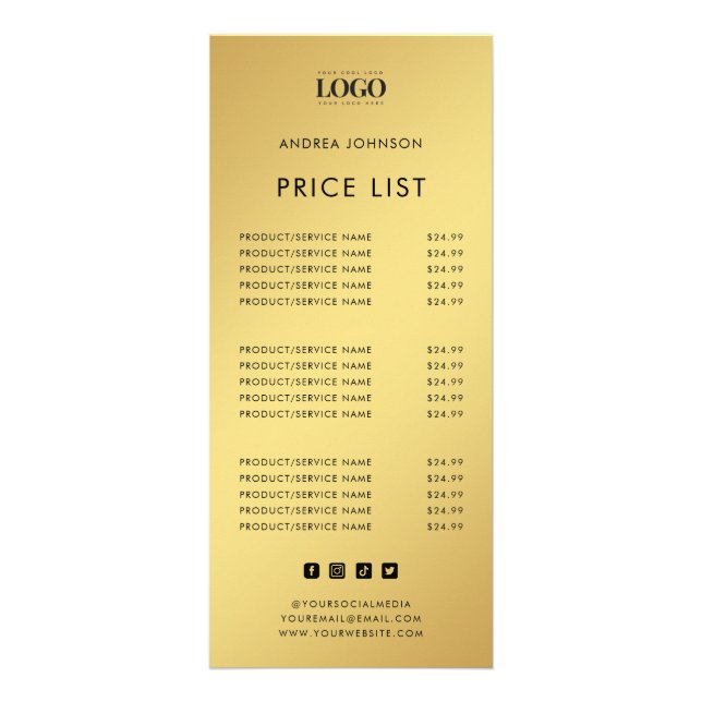 Gold & Black Minimalist Logo Service Price List Werbekarte (Vorne)