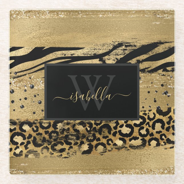 Gold Black Mit Monogramm Glasuntersetzer (Vorderseite)
