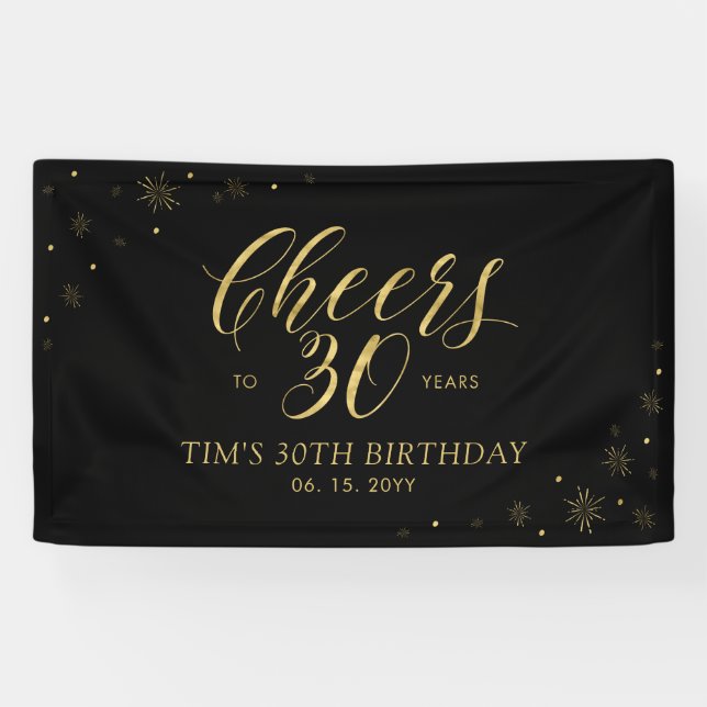 Gold & Black Modern Cheers 30. Geburtstag Party Banner (Horizontal)