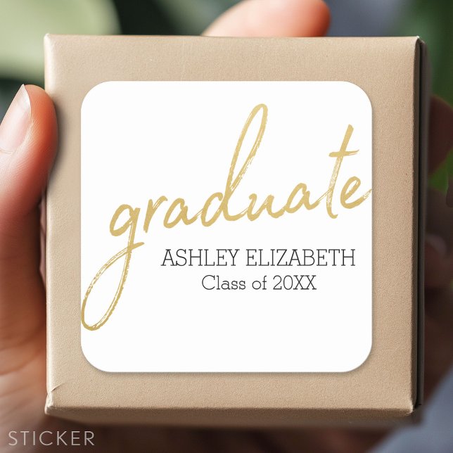 Gold Black Modern Graduate Script Abschluss Quadratischer Aufkleber (Custom Sticker - Personalize with your info for a party favor or gift)
