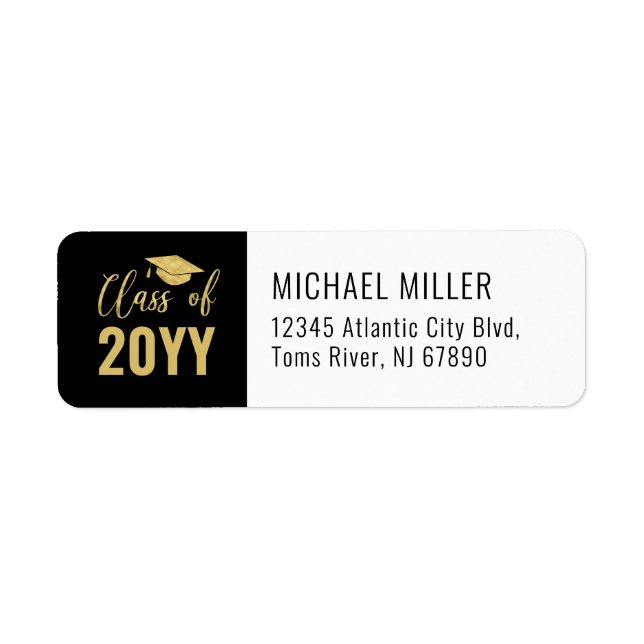 Gold & Black Modern Graduation Cap Address Labels (Vorne)