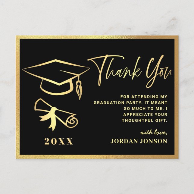 Gold Black Modern Graduation Party Vielen Dank Postkarte (Vorderseite)