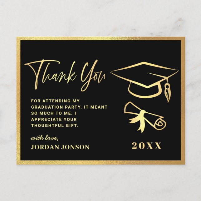 Gold Black Modern Graduation Party Vielen Dank Postkarte (Vorderseite)