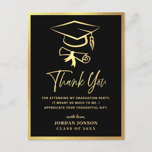 Gold Black Modern Graduation Party Vielen Dank Postkarte (Vorderseite)