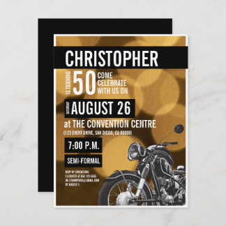 Gold Black Modern Motorrad Thema 50. Geburtstag Einladung