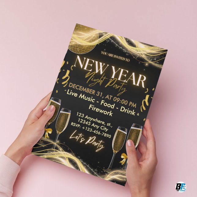 Gold & Black Modern  New Year Night Party Einladung (New Year Party Invitation)