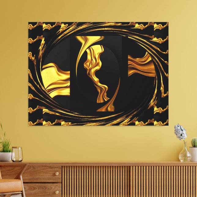 Gold Black Monochrome - Opulent Swirl Liquid Gold  Leinwanddruck (Insitu (Wohnzimmer))