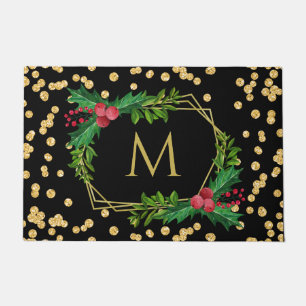 Gold Black Monogram Frohe Weihnachts-Holly-Glitzer Fußmatte
