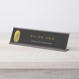 Gold & Black Monogram Modern Minimalistisch Schreibtischnamensplakette