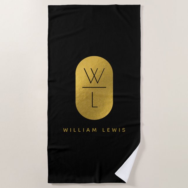 Gold & Black Monogram Modern Minimalistisch Strandtuch (Vorderseite)