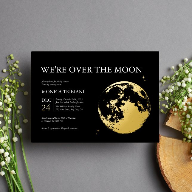 Gold Black Moon Lunar Celestial Moderne Babydusche Folieneinladung (Von Creator hochgeladen)