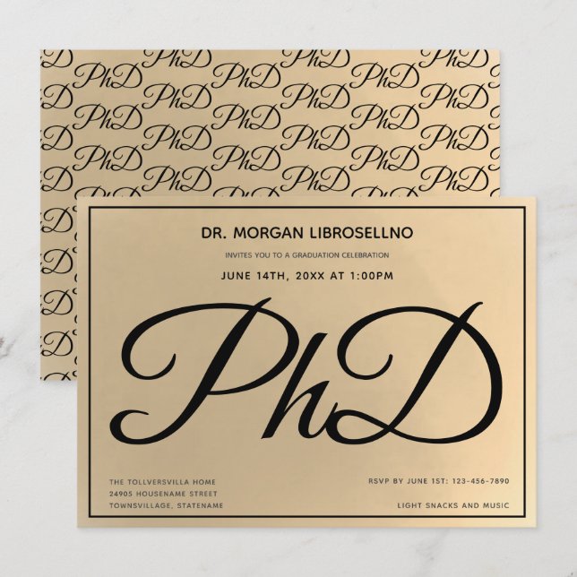 Gold Black PhD Graduation Party Einladung (Vorne/Hinten)