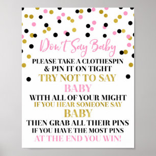 Gold Black Pink Confetti Say Baby Game Sign Poster