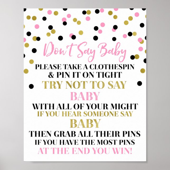 Gold Black Pink Confetti Say Baby Game Sign Poster (Vorne)