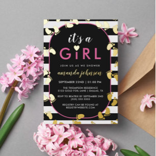 Gold Black Pink Es ist ein Girl Baby Footprints Folieneinladung