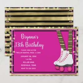 Gold Black & Pink Roller Skaten Geburtstagsparty Einladung