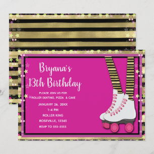 Gold Black & Pink Roller Skaten Geburtstagsparty Einladung