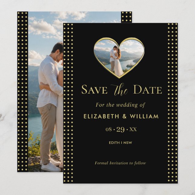 Gold & Black Polka Dot Personalisierte Hochzeit Save The Date (Vorne/Hinten)