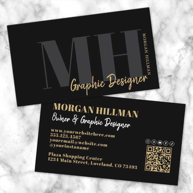 Gold Black QR Code Trendy Monogram Visitenkarte (Gold Black QR Code Trendy Monogram Business Card)