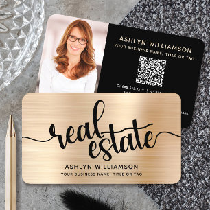 Gold Black Real Anwesen Agent QR Code Foto Broker Visitenkarte