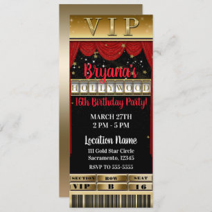 Gold Black Red HOLLYWOOD Geburtstagsparty VIP Tick Einladung