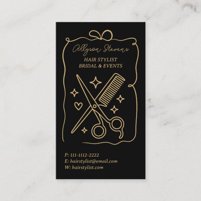 Gold Black Retro Doodles Hair Stylist QR Code Visitenkarte (Vorderseite)