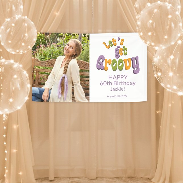 Gold Black Retro Groovy 60th Birthday Photo Banner (Von Creator hochgeladen)