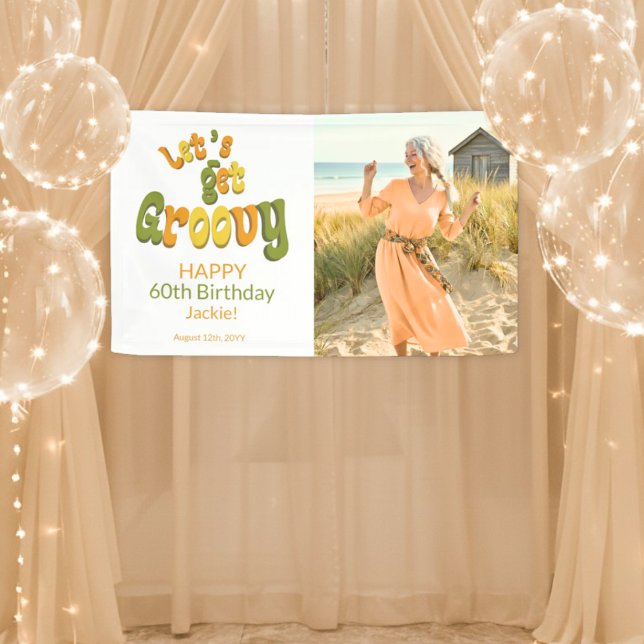 Gold Black Retro Groovy 60th Birthday Photo Banner (Von Creator hochgeladen)