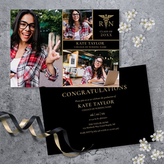 Gold Black RN Nursing 3 Foto Graduation Party Einladung (Gold Black RN Nursing 3 Photo Graduation Party Invitation)
