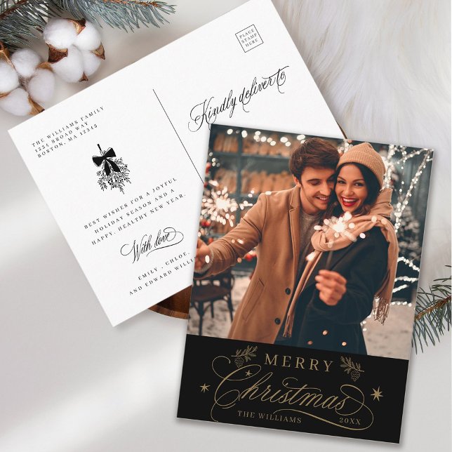 Gold & Black Romantic Frohe Weihnachts-Foto Postkarte (Front & Back)